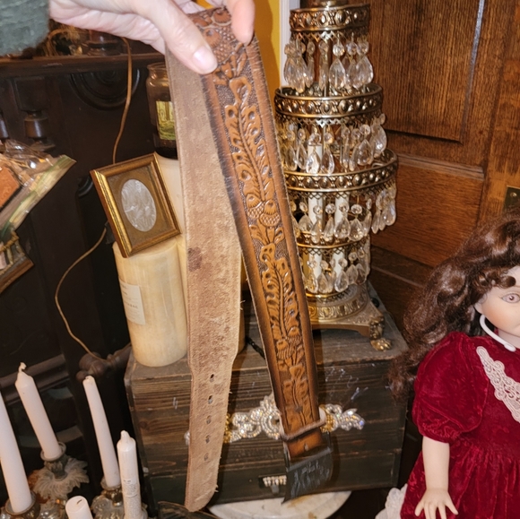 VINTAGE Tex made embossed GENUINE Leather Belt 32 Levi Buckle SNAP OFF western r - Picture 9 of 16